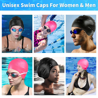 Swim Cap for Women Men - Large Silicone Swimming Cap for Long/Short Hair with 3D Ear Protection, Durable Non-Slip Waterproof Bath Swim Cap with Extra Room for Adults with Ear Plug and Nose Clip