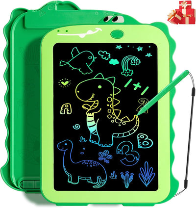 Green electronic doodle board with dinosaur drawings and a pen on a white background