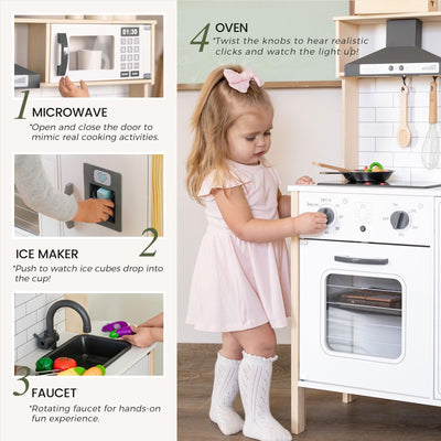 Tiny Land Play Kitchen for Kids, Wooden Kids Play Kitchen Playset Chef Pretend Play Set for Toddlers with Real Lights & Sounds, Toys Kitchen with 18 Pcs Toy Food & Cookware Accessories