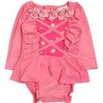 RuffleButts Baby Girls UPF50+ Princess Dress-Up Long Sleeve One Piece Swimsuit - Royal Pink Princess, 12-18 Months