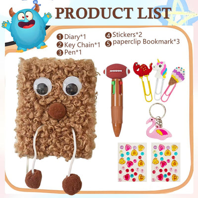 Liyujuping Fuzzy Monster Design Kids Diary, Cute Notebooks for Kids, Portable A6 Journal to Writing and Drawing, Fuzzy Diary with Multicolored Pen, Stickers (White)