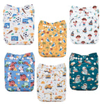 Set of five colorful children's cloth diapers with various patterns on a white background