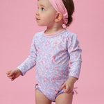 RuffleButts Baby Girls UPF 50+ Sun Protection Floral Printed Long Sleeve One Piece Rash Guard Swimsuit with Zipper - Lavender Floral Princess, 3-6 Months