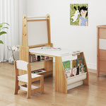 Costzon Kids Art Table and Chair Set, 4 in 1 Wooden Easel Activity Desk Set w/Whiteboard, Blackboard, Paper Roll, 2 Open Shelves & 2-Tier Bookshelf, Toddler Table and Chair for Drawing (Natural)