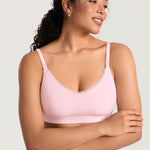 MOMANDA Lace Cotton Nursing Bras for Breastfeeding V Neck Wireless Nursing Sleep Bralettes Ultra Soft Strawberry Pink Medium