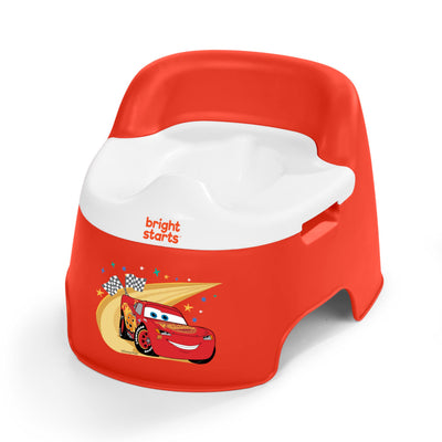 Red potty chair with cartoon car design and 'bright starts' branding on a white background