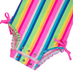 RuffleButts Baby Girls UPF 50+ Sun Protection Novelty Print Long Sleeve One Piece Rash Guard Swimsuit with Zipper - Neon Rainbow Stripe, 2T