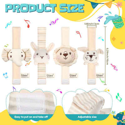 Wovnet 4 Pieces Baby Wrist Rattles Animal Pattern Newborn Rattle Foot Rattles Toy for Babies Boy Girl Infant Birthday Gifts Educational Toys, 4 Designs (Rabbit Dog Lion Elephant)