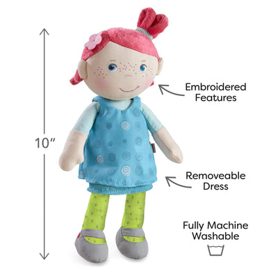 HABA Snug Up Philine - 10" Soft Doll with Embroidered Face, Pink Pigtail and Removable Blue Dress - Machine Washable - Perfect First Doll and Stuffed Cuddle Companion for 18 Months and Up