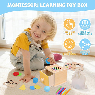 Montessori Toys for 1+ Year Old, 4 in 1 Object Permanence Coin Box, Ball Drop Color Sorting Sensory Fine Motor Skills Toys Shape Sorter for Toddlers 1-3, Gifts for 1 2 3 Year Old Girls Boys