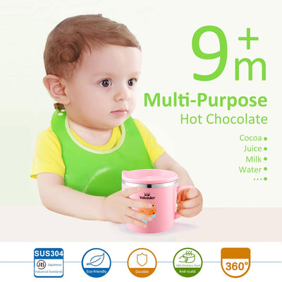 Baby Kids Toddler Sippy Cup Mug for Milk, Coffee, Stainless Steel Trainer Straw Cup with Lid, Fox, 7oz/Pink