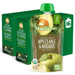 Happy Baby organic baby food packaging with green lid and apple, kale, and avocado illustration.