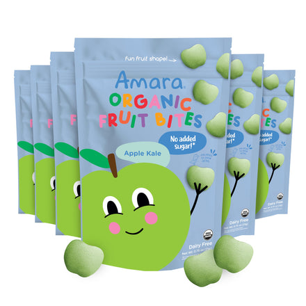 Amara Organic Fruit Bites packaging with a cartoon apple on a white background