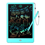 Light blue electronic drawing tablet with colorful drawings on a white background