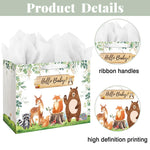 13" Large Baby Boy Girl Gift Bag for Baby Shower or Birthday with Handle, Tissue Paper and Greeting Card (Woodland Animals Sage Green Design)