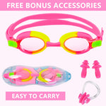 Kids Swim Caps for Girls (Age 2-6), Durable Waterproof Silicone Swimming Cap for Short Hair with Swimming Goggles, Ear Plug and Nose Clip (Pink, Large (6-12 Years))