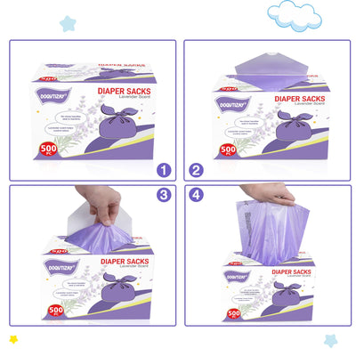 Baby Disposable Diaper Bags Easy-To-Tie Tabs Diaper Sacks with Lavender Scented Diaper Disposal or Pet Waste Bags (500 Count)