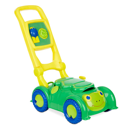 Toy lawn mower with turtle design on a white background