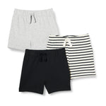 Amazon Essentials Unisex Babies' Cotton Pull-On Shorts, Pack of 3, Black/Light Grey Heather/Stripe, 18 Months