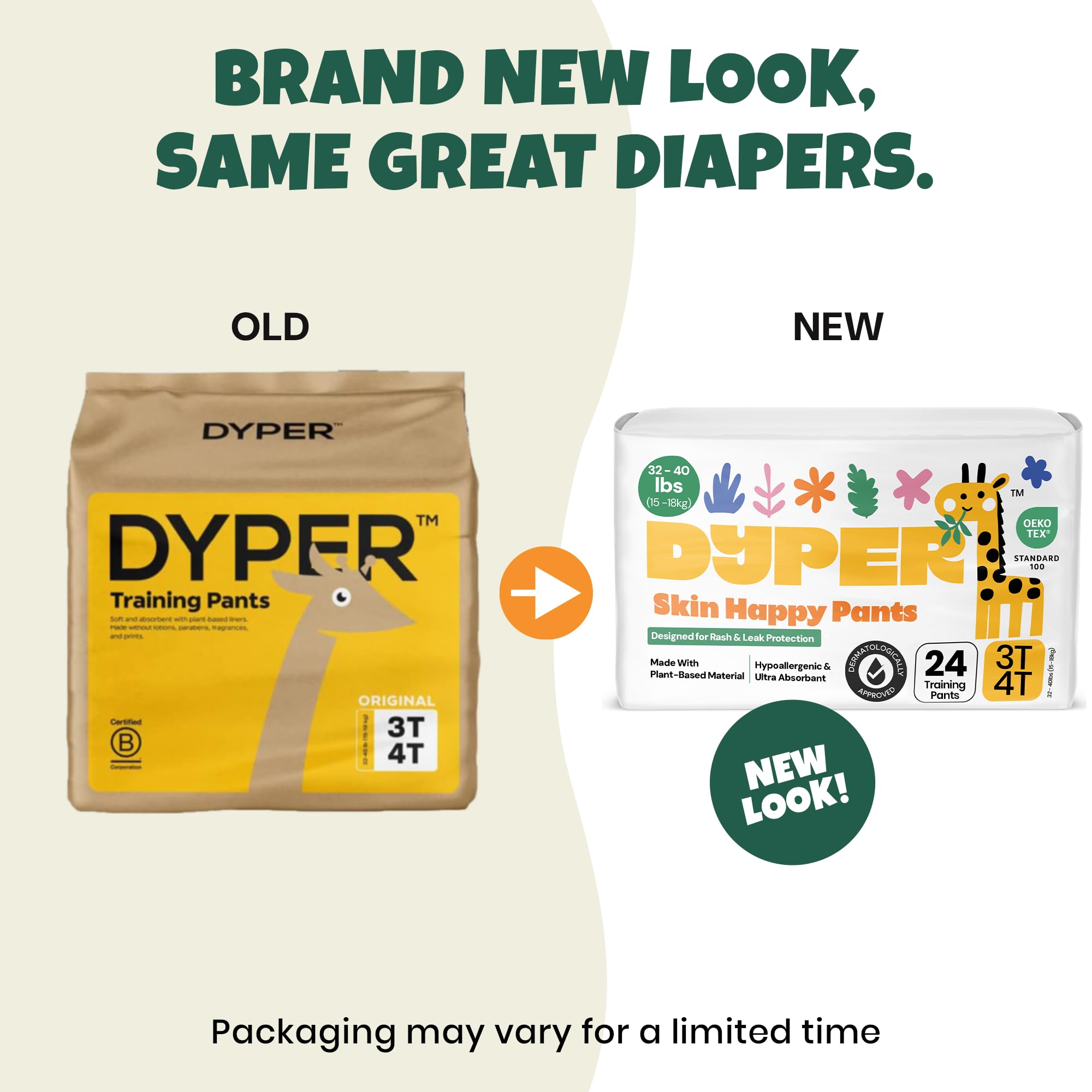 DYPER Toddler Training Pants 3T-4T for Boys & Girls Hypoallergenic, Unscented, Plant-Based & Perfect for Sensitive Skin, Leakproof Potty Training Pants for Day & Overnight Protection (24 Count)