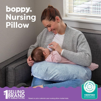 Boppy Nursing Pillow - Ergonomic Bottle & Breastfeeding Pillow with High, Firm, Large Area, Water-Repellent Cushion with Washable Cover; Baby Safety Alliance Verified - Blue Speckled Current