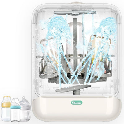 Nuk baby bottle sterilizer with bottles on a white background