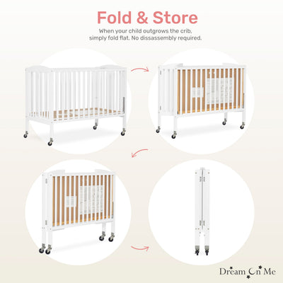 Dream On Me Folding Full-Size Convenience Baby Crib in White, GreenGuard Gold & BSA, Portable, Patented Quick Folding System, Strong Wheels, 2 Adjustable Mattress Heights
