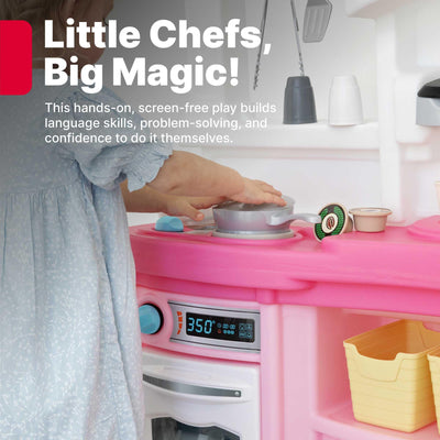 Step2 Fun with Friends Kids Kitchen Playset, Indoor/Outdoor Kitchenette, Interactive Play with Lights and Sounds, Durable Plastic, Includes 25 Piece Toy Accessories, Toddlers 2+ Years Old, Pink
