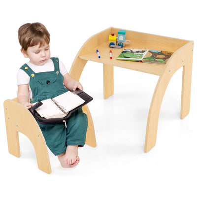 Costzon Kids Table and Chairs, Montessori Weaning Wooden Desk and Chair w/Wide Tabletop, Curved Edges, Space-Saving Design for Kids' Room, Nursery and Playroom, Toddler Table and Chair Set (Natural)
