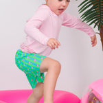 RUGGEDBUTTS Boys UPF50+ Sun Protection Striped Color Block Swim Trunks - Neon Flamingo Stripe, 3T