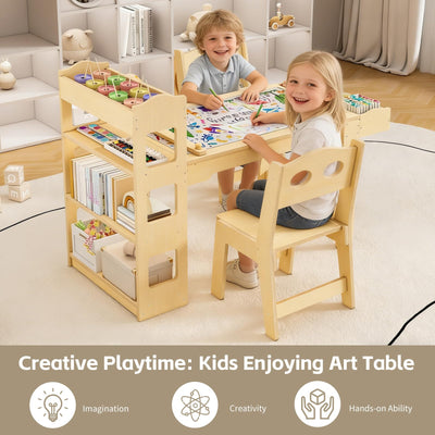 Acenova Kids Art Table and Chairs Set with Paper Roll and Storage, Wooden Craft Table with 2 Chairs, Kids Desk with Storage for Drawing Learning Reading, Toddler Activity Play Desk Classroom