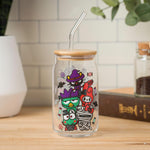 Silver Buffalo Sanrio Hello Kitty & Friends Halloween Spooky Badtz-Maru Frankenstein, Chococat Witch, My Melody Ghost, Keroppi Vampire, Mummy Glass Jar Tumbler w Bamboo Lid and Glass Straw, 16oz