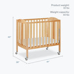 Dream On Me 3-in-1 Portable Folding Stationary Side Mini Baby Crib in Natural & Mattress, GreenGuard Gold & BSA, Use as Changer & Playpen, Locking Wheels, 3 Mattress Heights, Extra Firm Mattress