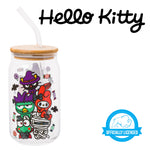 Silver Buffalo Sanrio Hello Kitty & Friends Halloween Spooky Badtz-Maru Frankenstein, Chococat Witch, My Melody Ghost, Keroppi Vampire, Mummy Glass Jar Tumbler w Bamboo Lid and Glass Straw, 16oz
