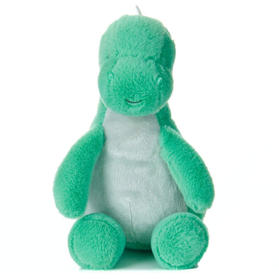 Green plush dinosaur toy on a white background