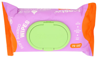 Package of soft bamboo wipes with a purple and orange design.