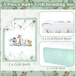 Hahafelt 3 Pcs Baby Crib Bedding Set Baby Safari Animals Crib Bedding Set Watercolor Eucalyptus Jungle Animals Crib Set Includes Quilt,Fitted Crib Sheet, Crib Skirt for Baby Boy Girl(Safari)
