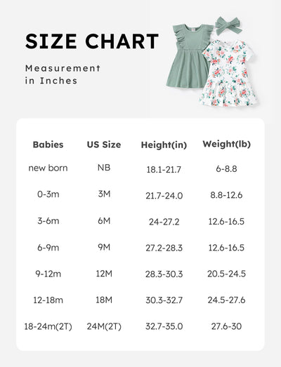 PATPAT Baby Toddler Girl Dresses Infant Ruffle & Short Sleeveless 2 Pack Summer Dress Casual Party Dress Green 12-18 Months