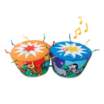 Two colorful children's drums with animal designs on a white background
