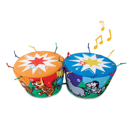 Two colorful children's drums with animal designs on a white background