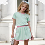 PATPAT Girls 2 Piece Outfits Size 7-8 Years, Green Pink Color Block Tshirts and Skorts Clothing Sets, Girls Summer Outfits, Trendy Clothes Skirt Sets Summer Clothes Lounge Sets