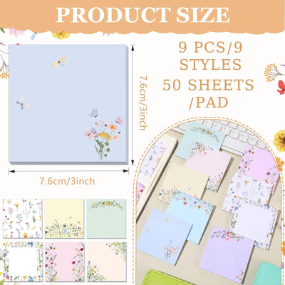 Saypacck 9 Pads Wildflower Sticky Notes 3x3 Inch Cute Self Stick Notepads Notes Adhesive Memo Pad Office Decor Gifts for Students School Teacher Meeting Office Supplies