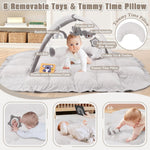5-in-1 Plush Baby Play Gym & Activity Mat, Baby Play Mats, Baby Gym with Convertible Design, Tummy Time Mat with Pillow, 6 Sensory Toys for Newborn to Toddler, Grey
