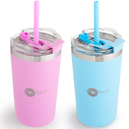 Two colorful tumblers with straws on a white background, branded 'PopYum'.