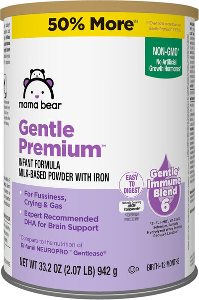 Mama Bear Gentle Premium infant formula canister with text and branding.