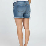 Motherhood Maternity Women's Under The Belly Cutoff Denim Pregnancy Shorts, Beth Medium Wash, Large