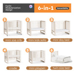 MAMAZING EvoNest Baby Crib, 6 in 1 Convertible Mini Crib with Wheels, 100% New Zealand Wood Growing Bed, 4 Adjustable Mattress Height, GREENGUARD Gold Certified, Washed Natural