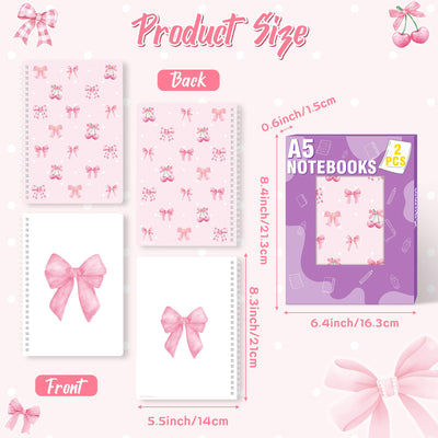 Xqumoi 2 Pack A5 Coquette Pink Bow Spiral Notebooks - Preppy Cute Ruled Journal Writing Notebooks Trendy Girly Gift for Girls Women Christmas Back to School Office Supplies