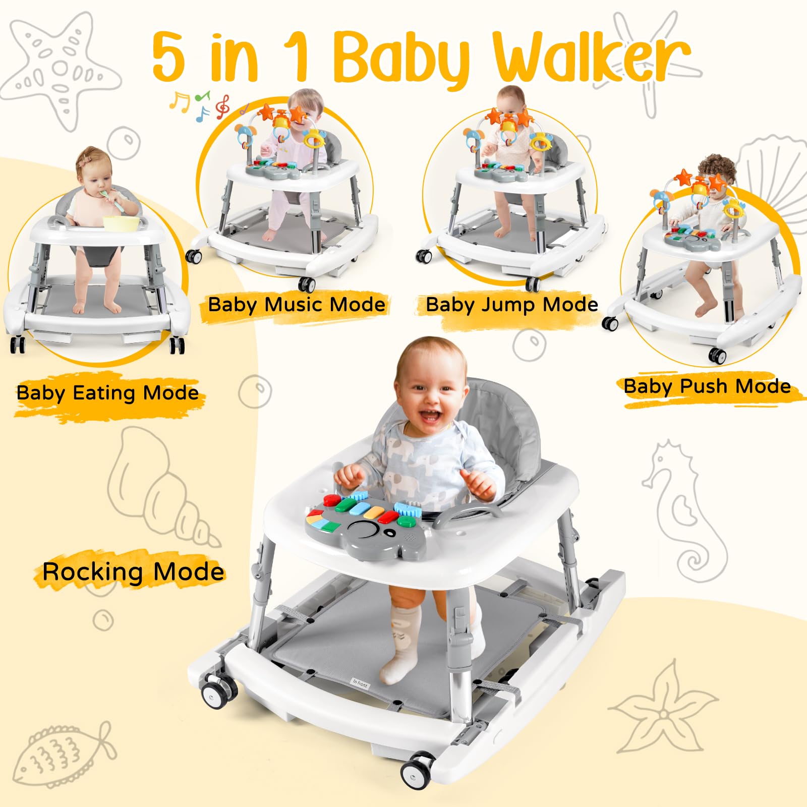 Wolfcode 5-in-1 Music and Lights Baby Walker Foldable with 5 Adjustable Heights, Baby Walker with Wheels and Bouncer Combo Portable, Infant Toddler Walker for Baby Boy Girls 6-18 Months