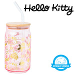 Silver Buffalo Sanrio Hello Kitty Gingerbread Cookies Christmas Holiday Pink and Gold Foil Glass Jar Tumbler with Bamboo Lid and Glass Straw, 16 Ounces